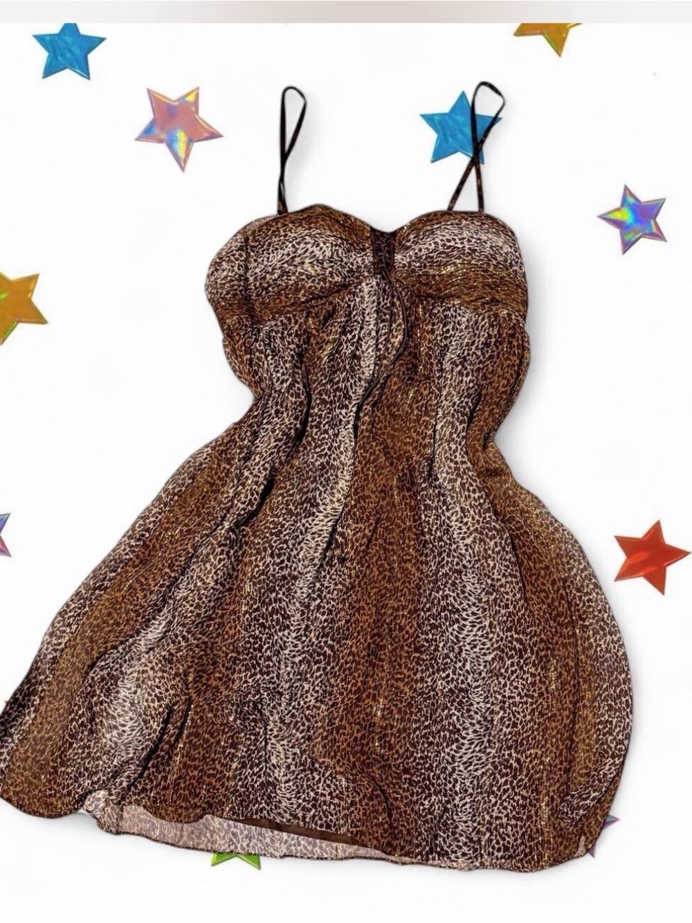 Nicole Miller Brown Leopard Print Spaghetti Strap Babydoll Dress